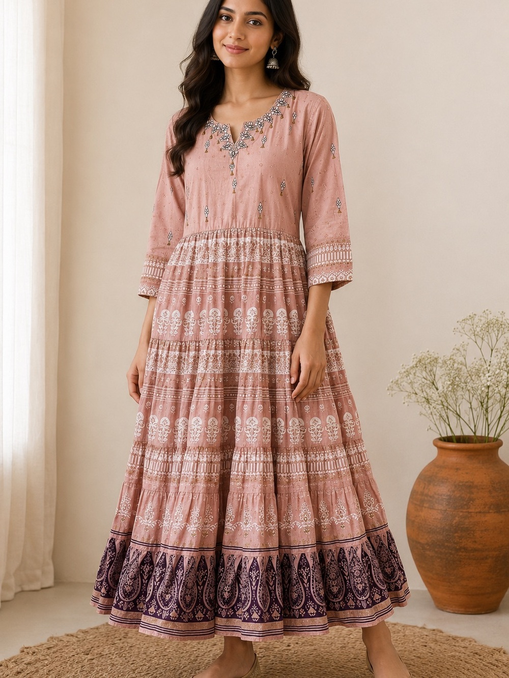 Boho Tiered Maxi Dress in Dusty Rose with Contrast Border
